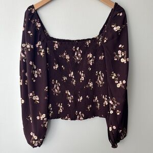 Abercrombie & Fitch Brown Floral Smocked Cropped Blouse Size Medium
